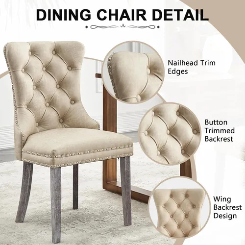 Miniatura 4 de Juego de 6 sillas de comedor de cuero, sillas de comedor tapizadas con ribete de cabeza de clavo y patas de madera maciza, silla auxiliar de comedor