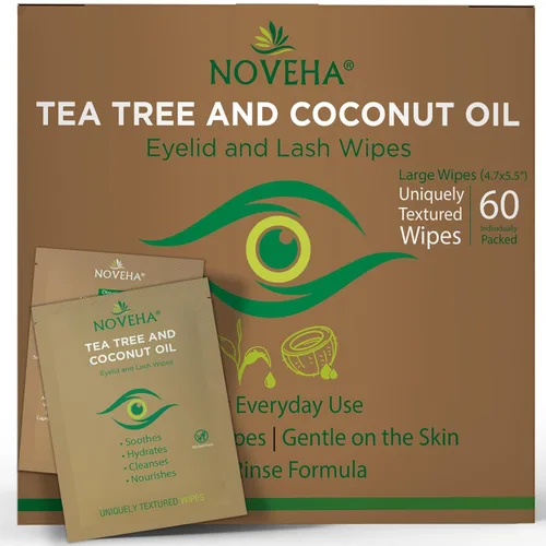 NOVEHA 60 toallitas para párpados y pestañas de árbol de té y aceite de coco, para demodex, blefaritis y picazón en los ojos, toallitas de pestañas
