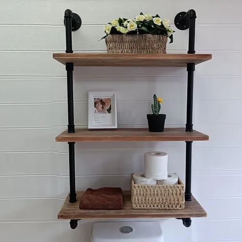 Miniatura 42 de HDDFER - Estantería industrial para tuberías rústicas en blanco, estantes de pared de tubería industrial con tablas de madera, estantes flotantes