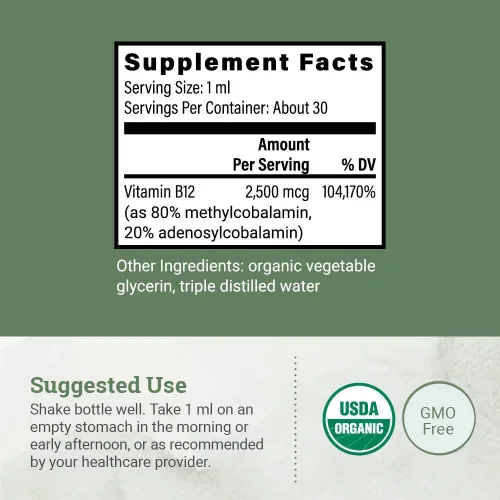 Miniatura 3 de USDA Organic Vitamina B12 2000mcg Suplemento líquido sublingual (paquete de 2) – Gotas veganas de metilcobalamina para energía natural, mantener