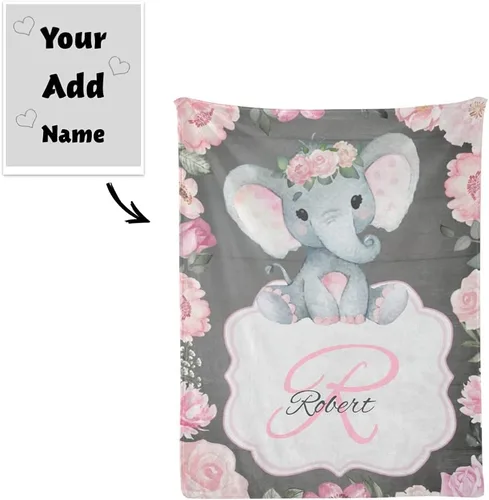 Miniatura 2 de Manta de elefante rústico rosa con nombre, personalizada para guardería, manta de forro polar súper suave para cumpleaños de niños y niñas, 30 x 40