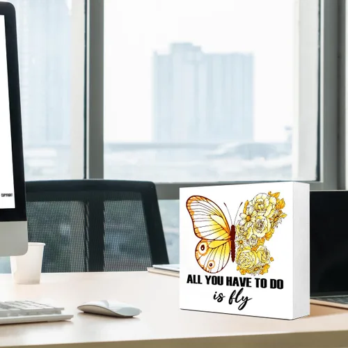 Miniatura 6 de LVQHI Letreros de madera inspiradores, placa de madera con texto en inglés "All You Have To Do Is Fly", decoración de mariposa, letrero motivacional