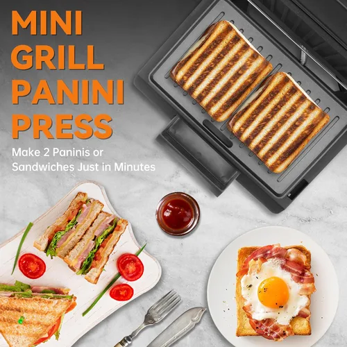 Miniatura 2 de Baker's Friend Prensa Eléctrica Mini para Panini de 2 Rebanadas, Prensa Parrilla para Panini Sandwichera Eléctrica para Panqueques y Huevos, Bandeja