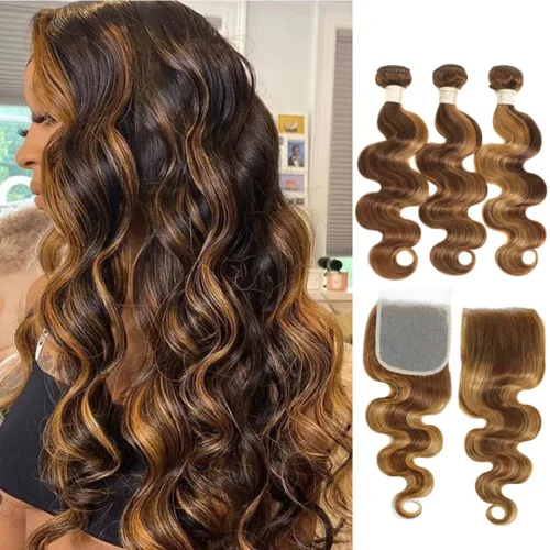 Miniatura 12 de ALHER Long Deep Part 2x6 Closure Body Wave Honey Blonde Highlight, Ombre Brown and Blond 2x6 Kim K Transparent HD Lace Closure Pre Plucked With Baby