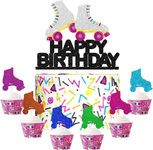 Decoración de pastel de discoteca con rodillos de 7 piezas, decoraciones retro vintage para fiestas de patinaje para niños y niñas, color blanco y