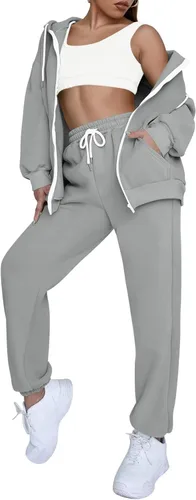Miniatura 3 de Fixmatti Conjunto deportivo con capucha y cremallera para mujer conjunto deportivo de 2 piezas con bolsillos Blanco
