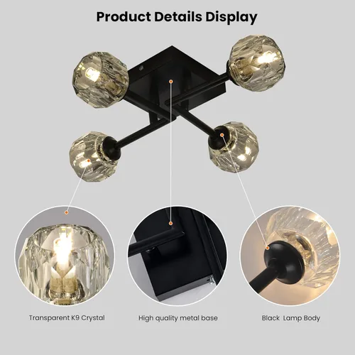 Miniatura 6 de Sputnik - Lámpara de techo semiempotrada de cristal negro de 4 luces, lámpara industrial para cocina, dormitorio, sala de estar, pasillo, bombilla