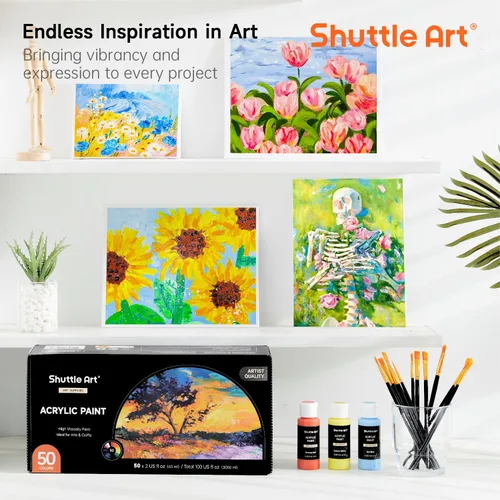 Miniatura 8 de Pintura acrílica Shuttle Art, juego de pintura acrílica de 50 colores, botellas de 2 oz/60 ml, pigmentos ricos, resistente al agua, premium