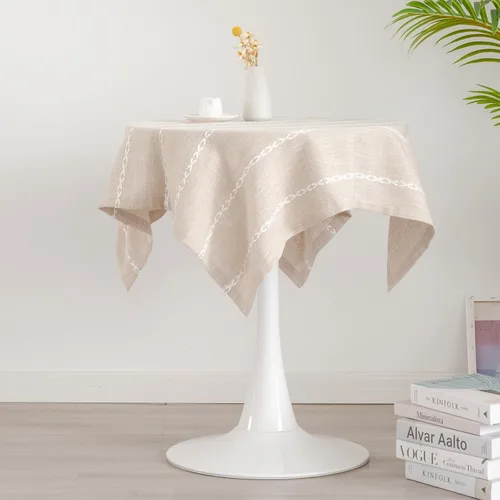 Miniatura 8 de Mantel redondo rústico pequeño lavable a rayas jacquard de lino resistente estilo granja con borlas para cocina, comedor, fiesta, decoración de Café