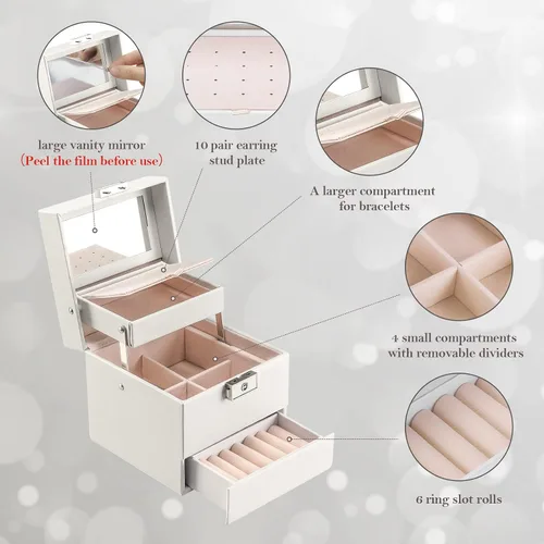 Miniatura 3 de ProCase Joyero para niñas y mujeres que viajan regalo ideal pequeño organizador de joyas de 3 capas con cerradura de espejo organizador para aretes