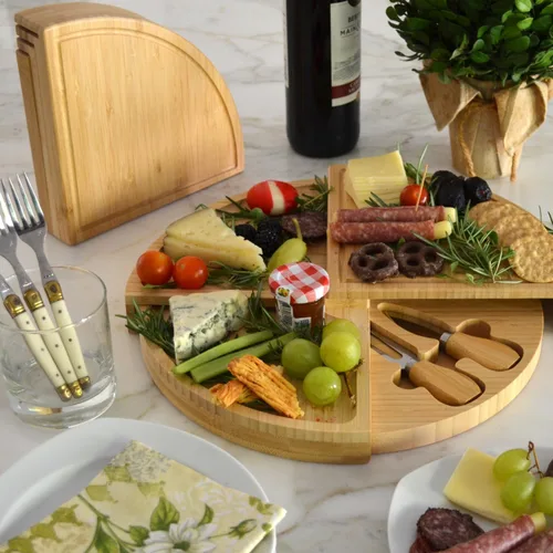 Miniatura 2 de Picnic at Ascot Tabla de queso de bambú patentada/bandeja para servir charcutería, se almacena como una cuña compacta, se abre a 13 pulgadas