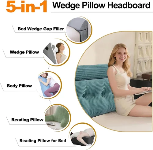 Miniatura 6 de Cabecero de cama individual, cojín triangular tipo cuña con cojín de cuello, cojín de apoyo para la espalda con funda extraíble y lavable para cama