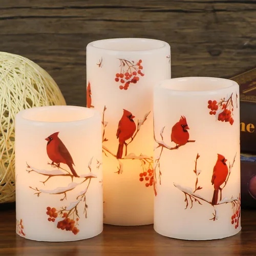 Miniatura 8 de Velas de Navidad sin llama con calcomanías de reno plateado, paquete de 3 velas LED de vidrio a pilas con temporizador remoto, velas de pilar