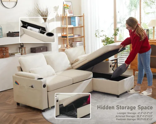 Miniatura 5 de DURASPACE Sofá cama extraíble 2 en 1 sofá cama seccional con almacenamiento, USB, soporte para tazas, sofás seccionales extraíbles para apartamento