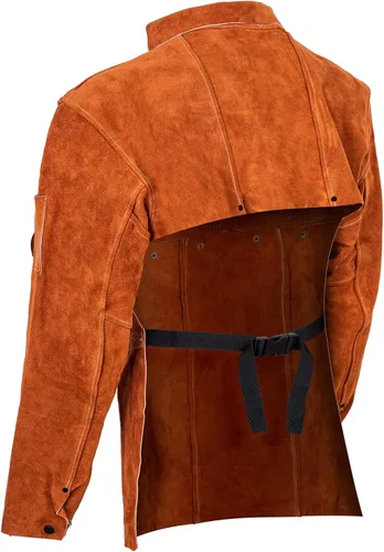 Miniatura 2 de LeaSeek Chaqueta de Soldadura de Cuero - Delantal de Soldadura de Servicio Pesado con Manga, Cuero de Vaca Resistente al Calor y al Fuego para Marrón