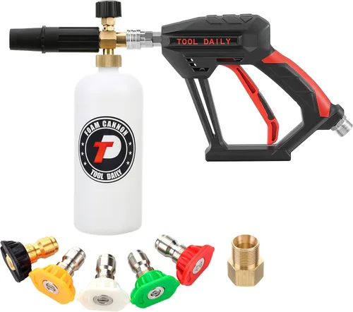 Tool Daily Pistola de lavado a presión corta con cañón de espuma, conector rápido de 1/4 pulgadas, con 5 puntas de boquilla de hidrolimpiador, 1