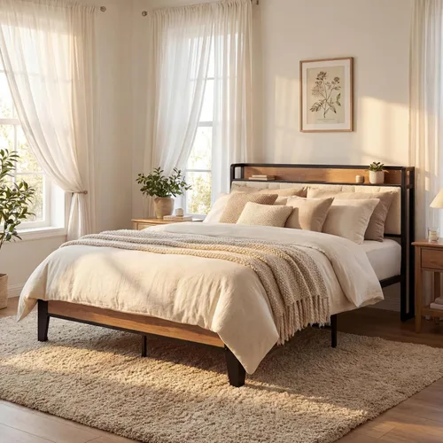 Miniatura 102 de LIKIMIO Base de cama Queen, cabecera de almacenamiento con estación de carga, sólida y estable, sin ruido, no necesita somier, fácil montaje Vintage