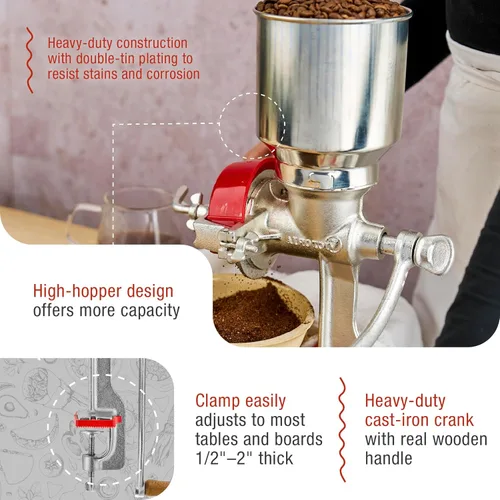 Miniatura 5 de Victoria Molino manual de grano de hierro fundido con tolva alta, molino de maíz premium y molinillo de granos, fabricado en Colombia