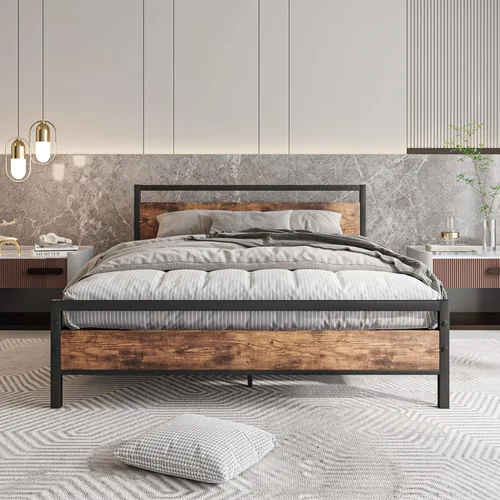 Miniatura 11 de HOJINLINERO Marco de cama individual con cabecera de madera, marco de cama de metal con plataforma individual, no necesita somier, listones de acero