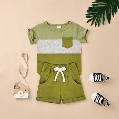 Miniatura 10 de Ropa para bebé niño pequeño, trajes de verano de manga corta, camiseta de retazos y pantalón con bolsillo, conjunto de 2 piezas, 12 meses a 4 años