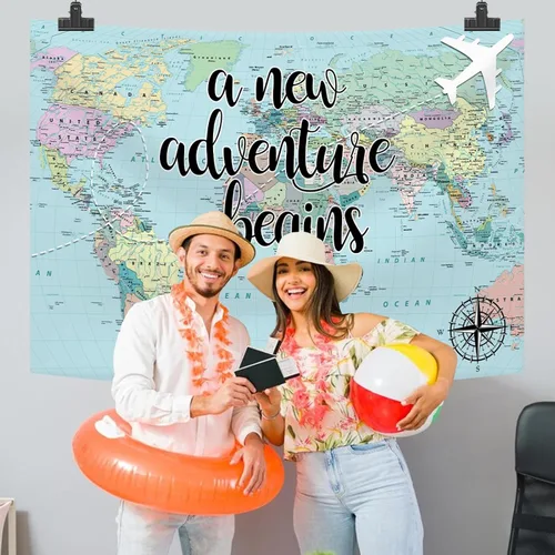 Miniatura 8 de Una nueva aventura comienza viajando niño, decoración de fiesta de baby shower, telón de fondo, mapa del mundo alrededor del mundo, aventura espera