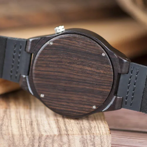 Miniatura 8 de BOBO BIRD Reloj de madera de bambú para hombre con correa de cuero de vaca negra, 12 agujeros, diseño temporizador, relojes deportivos casuales