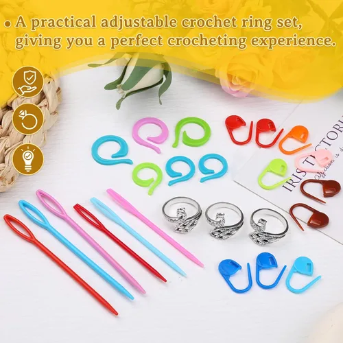 Miniatura 3 de Yizzvb 3 anillos de ganchillo + 30 marcadores de puntada, 6 agujas romas grandes para ojos, anillos de tensión ajustables para hilo de dedo, juego
