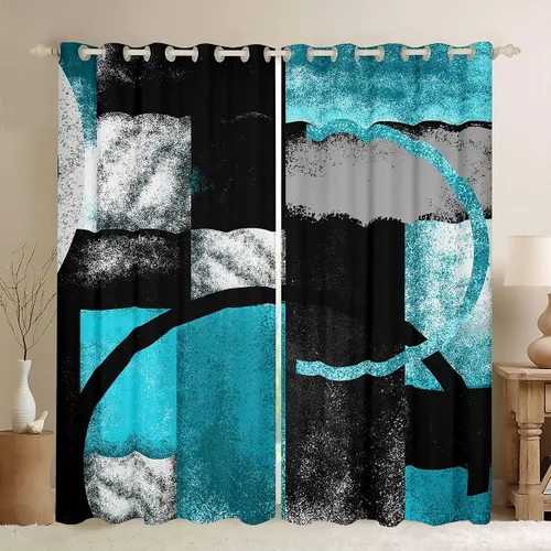 jejeloiu Cortinas opacas abstractas de color turquesa y negro, color verde azulado grunge, cortinas degradadas para ventana, color gris, negro,