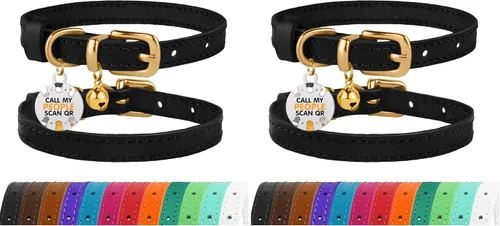 Miniatura 30 de BRONZEDOG Collar de cuero para gato con campanas extraíbles sin liberación rápida, etiqueta QR para gatito para niña y niño