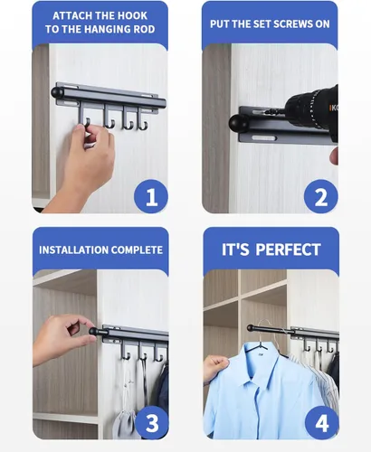 Miniatura 3 de BaiNong Barra de valet de 12 pulgadas para armarios Barra de valet extraíble para armario Deslizante en negro Barra de colgar extraíble para ropa