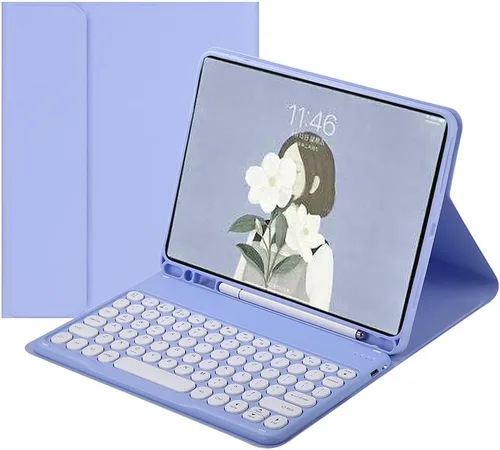 Funda de teclado para Galaxy Tab A8 de 10.5 pulgadas, modelo 2022 SM-X200/X205/X207, linda llave redonda, teclado de color, inalámbrico, Púrpura