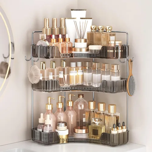 Miniatura 13 de Organizador de esquina para encimera de baño, organizador de baño de 2 niveles y encimera de almacenamiento con ganchos, cuidado de la piel