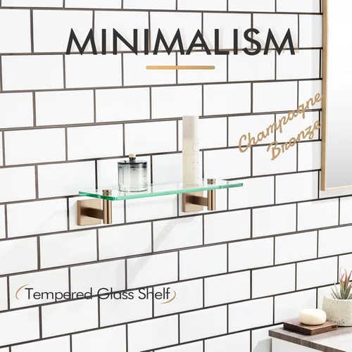 Miniatura 4 de KOKOSIRI Estantes de Pared Hardware de Baño Estante Flotante de Vidrio de 12 Pulgadas para Dormitorio, Sala de Estar, Cocina, Rack Colgante Bronce