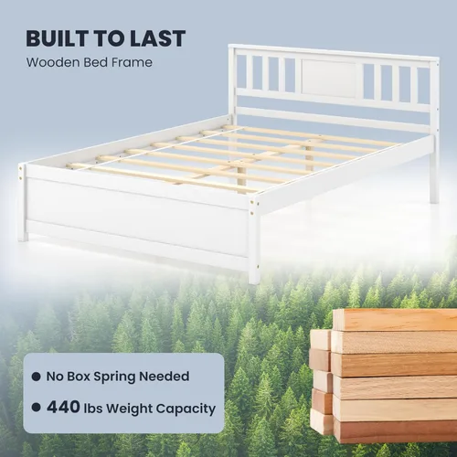 Miniatura 5 de Giantex Marco de cama de plataforma de madera maciza de tamaño matrimonial, marco de cama matrimonial de mediados de siglo con cabecero, soporte