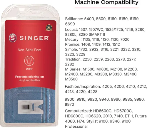 Miniatura 3 de SINGER Prensatelas antiadherentes Ideal para coser cuero, vinilo, plástico, hule y telas laminadas Deslizamiento suave con revestimiento