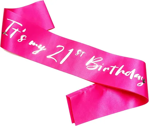 Miniatura 9 de Banda de cumpleaños número 21, bandas suaves de satén rosa intenso con letra plateada con purpurina, decoraciones de cumpleaños para niñas, 21 rosa