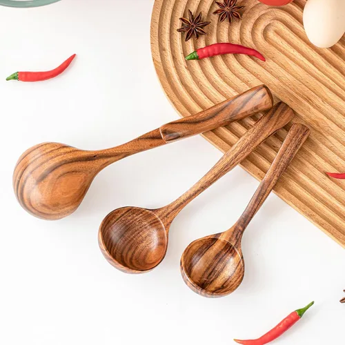 Miniatura 8 de Gudamaye Juego de cucharones de sopa de madera de 3 tamaños, 3 ganchos para tazón, olla. Cucharón de madera de teca natural, cucharón grande de sopa