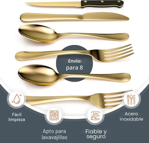 Miniatura 3 de Tribal Cooking Juego de cubiertos dorados de 49 piezas – Servicio para 8 – Juego de cubiertos de acero inoxidable dorado – Juego de cubiertos
