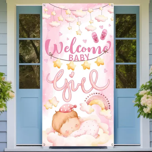 Cartel de bienvenida para puerta de bebé, decoración de baby shower para niñas, letrero de puerta, fondo de fotografía de fiesta de revelación de