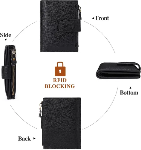 Miniatura 4 de FALAN MULE - Cartera de cuero auténtico para mujer, pequeña, plegable y compacta, con bloqueo de interferencia de radiofrecuencia (RFID)