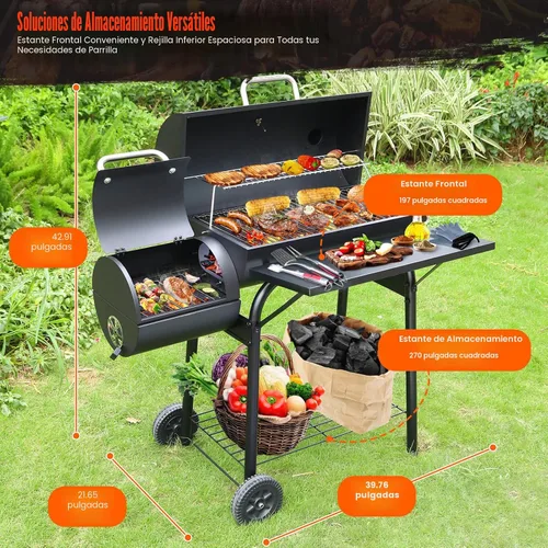 Miniatura 5 de Realcook Parrillas de carbón con ahumadores Offest: Parrilla de barbacoa de carbón de barril espaciosa Combo de parrilla para ahumar barbacoa