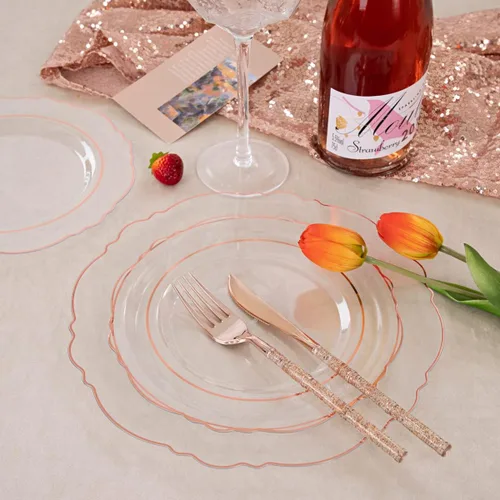 Miniatura 5 de Liacere 150 platos de plástico color oro rosa, platos desechables de oro rosa transparente con mango de bambú con purpurina, 60 platos barrocos