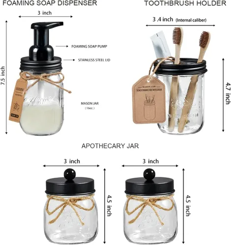 Miniatura 4 de SheeChung Juego de 6 accesorios de baño Mason Jar - Dispensador de jabón espumoso, soporte para cepillos de dientes, 2 soportes Qtip, juego de Negro