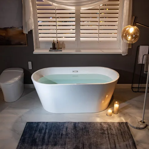 WOODBRIDGE Bañera de Acrílico Independiente Contemporánea para Remojo con Rebosadero y Desagüe, BTA1514-C, Blanco, 59" Cromado