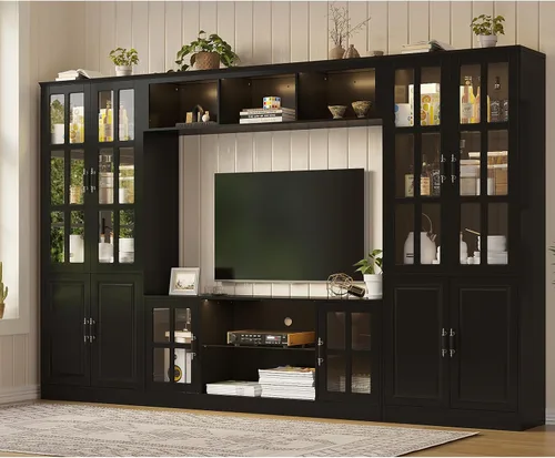 Miniatura 17 de MEISSALIVVE Mueble de pared con almacenamiento y luces LED, gran centro de entretenimiento con estanterías para televisores de hasta 70 pulgadas