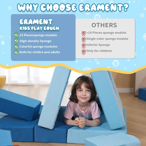 Miniatura 7 de Erament Sofá cama modular para niños pequeños, 22 piezas, sofá cama para sala de juegos, muebles convertibles con temática oceánica, sofá modular