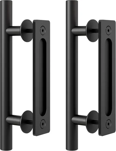 FaithLand Juego de manijas de puerta resistentes de 12 pulgadas en color negro, manija de puerta corrediza de granero, para puertas de hasta 2 3/8