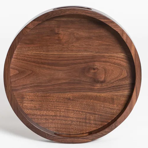 Bandeja redonda de mesa otomana de 13 x 13 pulgadas, bandeja circular de madera maciza de nogal negro con asa para otomana de gran tamaño para