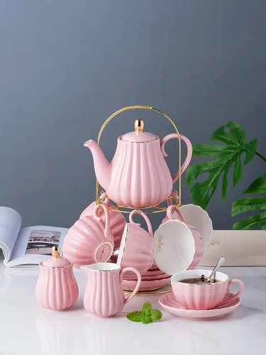 Miniatura 3 de Jusalpha Servicio para 6 tazas de café/taza de té rosa de porcelana fina, tazas y platillo de 8 onzas, con tetera, tazón de azúcar, cucharaditas