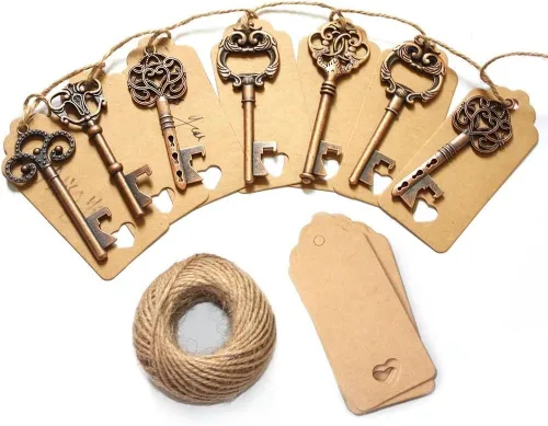 Abridor de botella rústico y clásico con tarjeta y cordel, para souvenir de boda, regalos de fiesta. 3.14 pulgadas, 50 unidades Rojo (Red Copper)